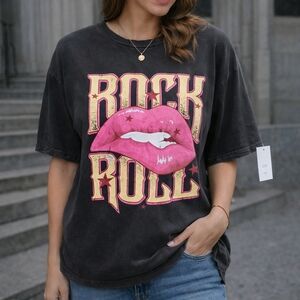 HRT & Luv Rock Roll Graphic Tee NWT Boutique Oversized Pink Lips T Shirt
